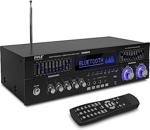 Pyle Bluetooth Hybrid Stereo Home Pre-Amplifier - Home Audio Rack Mount Desktop Stereo Pre-Amplifier Receiver w/ Radio, USB/AUX/RCA/Mic, Optical/Coaxial, AC-3, DVD Inputs, Dual 10 Band EQ PREA86BTH