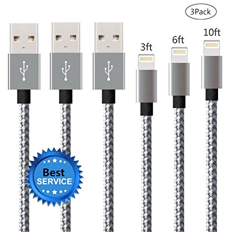 iPhone Cable SGIN 3-PACK 3FT 6FT 10FT Nylon Braided Lightning to USB Charger - Syncing and Charging Cord for Apple iPhone 7, 7 Plus, 6s, 6s , 6, SE, 5s, 5c, 5, iPad Mini, Air, iPod (Grey & White)