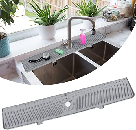 30 inch Sink Splash Guard, Longer Sink Splash Guard Mat, Splash Guard Behind Faucet, Faucet Drip Catcher Tray for Kitchen, Bathroom, Countertop (Gray)