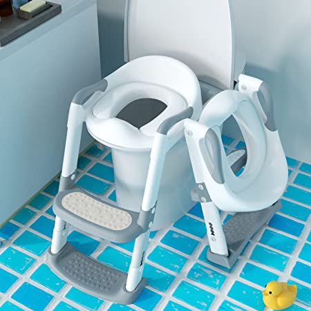 GLAF Toddler Potty Training Seat with Ladder Toddler Potty Seat for Kids Foldable Toilet 2 in 1 Adjustable Toddler Toilet Training Seat with Comfortable Cushion Anti-Slip Pads for Boys Girls (Grey)