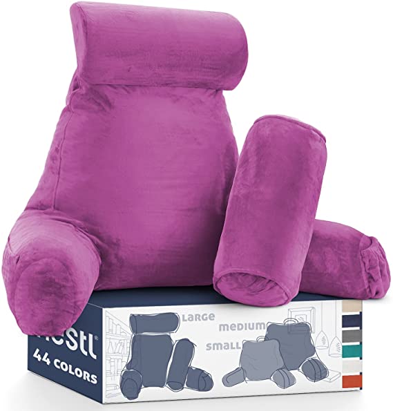 Nestl Reading Pillow, Extra Large Back Pillow, Backrest Pillows for Bed with Arms, Shredded Memory Foam Back Pillows for Sitting in Bed, 2 Neck Roll & Lumbar Back Support Pillow, Orchid Purple