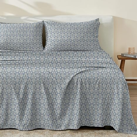 100% Cotton Percale Queen Bed Sheets| Blue Floral Printed, 4 Piece Cotton Percale Sheet Set | Lightweight, Breathable, Crisp Bedding Sheets & Pillowcases (Queen, Blue/Tan Floral)