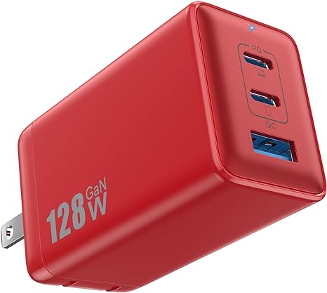 128W USB C Wall Charger,GaN III 3-Port Fast Charging Station,PD QC Foldable Charger Block Portable 65W USB C Laptop Adapter for MacBook Pro/Air,iPad Pro,Galaxy S23,Dell XPS 13,iPhone 14/Pro etc (Red)