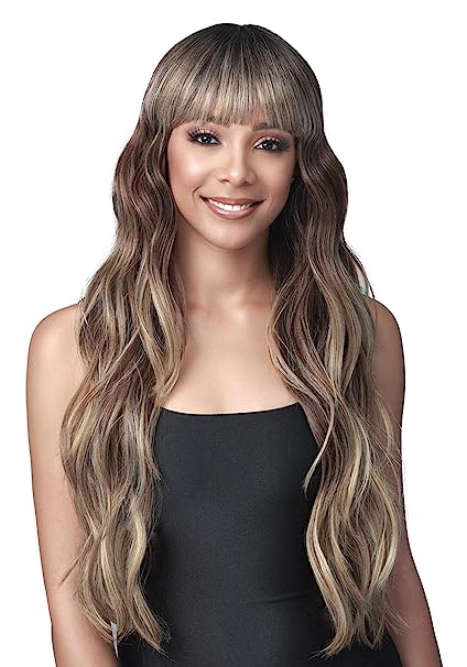 BOBBI BOSS Long Curly Premium Synthetic Bang Wig ELODIE, Elegant Silky Natural Wavy Hair, Air Bangs, Natural Looking Heat Resistant Hair Replacement Wig (1 / Jet Black)