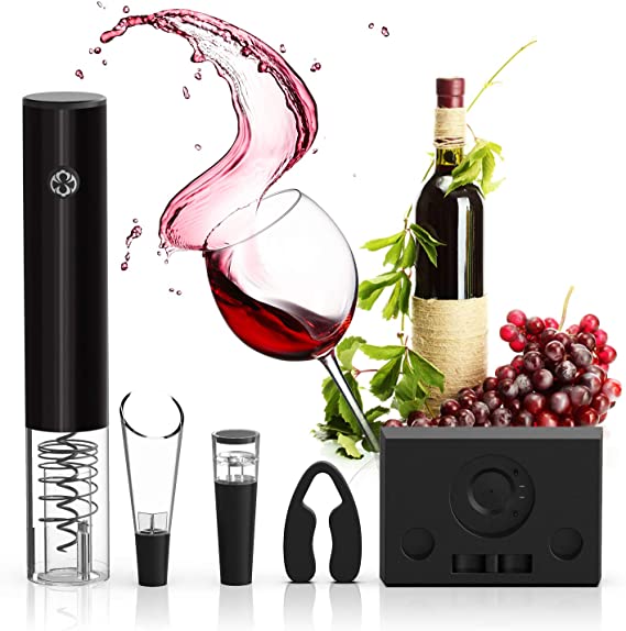 Electric Wine Opener Cordless, PowerGiant Automatic Stainless Steel Corkscrew Bottle Opener Gift Set with Foil Cutter, Vacuum Stoppers, Wine Aerator Pourer and Base for Home Use (4 pieces)