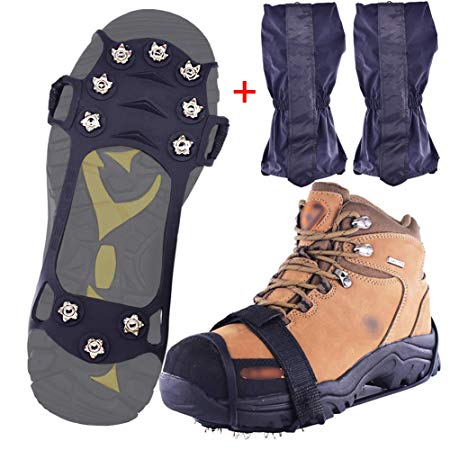 DBlosp Ice Traction Cleats & Leg Gaiters Waterproof Snow Boot Gaiters on Snow Ice Walking, Jogging, Hiking, Mountaineering Hunting Grips in Winter,Outdoor,Slippery Terrain Portable -Sizes: S/M/L/XL