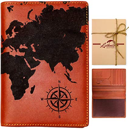 Lethnic Leather Passport Holder Wallet Cover Case RFID Blocking Travel Wallet (World Map) (Dark Brown)