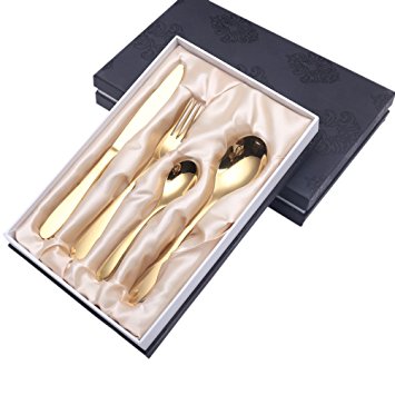 Shiny 18/10 Stainless steel Elegant Cutlery Flatware and Dinnerware Gift and Home Use 4 piece Fork, Knife and Spoon Set (Gold)