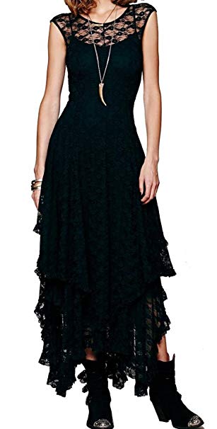 R.Vivimos Womens Sleeveless Backless Asymmetrical Layered Lace Long Dress with Slip Two Pieces