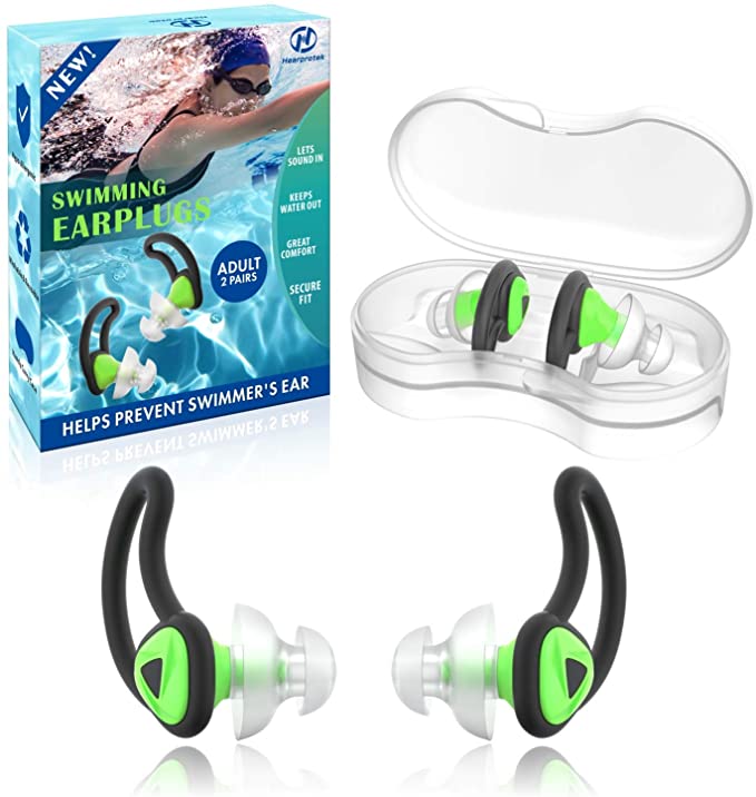 2 Pairs Swimmer Ear Plugs, Hearprotek Upgraded Custom-fit Water Protection Adult Swimming earplugs for Swimmers Water Pool Shower Bathing and Other Water Sports(Green)