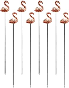 OGGI Flamingo Metal Cocktail Picks Stick 8 pcs - Martini Picks, Reusable Rose Gold Metal Cocktail Skewers, Martini Sticks for Olives, Appetizers, Tiki, Luau, 4.5" / 11.5cm