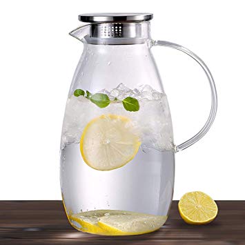 JIAQI 88 Ounces Large Borosilicate Glass Pitcher with Lid - High Heat Resistance Stovetop Safe Water Carafe for Hot/Cold Water, Homemade Iced Tea & Juice Beverage (FREE Brush and Coaster included)