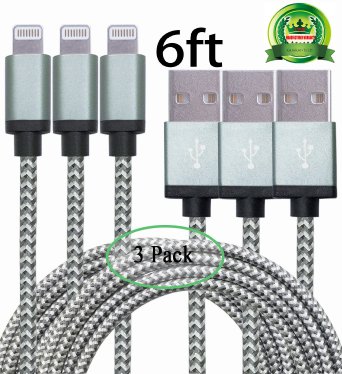 Abloom 3Pack 6ft Nylon Braided Popular Lightning Cable 8Pin to USB Charging Cable Cord with Aluminum Heads for iPhone 6/6s/6 Plus/6s Plus/5/5c/5s/SE,iPad iPod Nano iPod Touch(Gray)