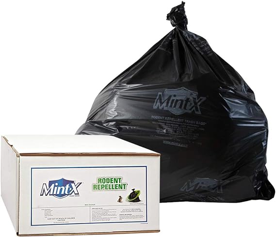 Mint-X 83% Recycled Plastic 38 Gallon X-Heavy Rodent Repellent Trash Bag, 1.3 Mil, Flat Seal, 46" Height x 33" Length, Black (Pack of 100)