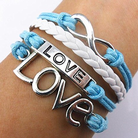 EVERMARKET(TM) Handmade Infinity Bracelet Love Sky Blue Rope White Leather Weave Vintage Silver