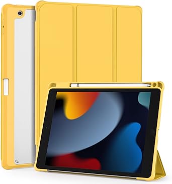 OKP for iPad 9th/ 8th/ 7th Generation Case (2021/2020/2019), iPad 10.2 inch Cases with Trifold Stand, Slim ipad 9/8/7 th gen Cover with Pencil Holder for Kids Women Men, Clear Back Shell, Yellow