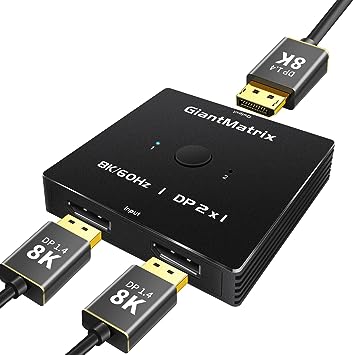 DisplayPort Switch 2 in 1 Out 8K Uni-Directional DisplayPort Switcher Splitter Selector DP 1.4 Switcher Supports 8K@60Hz 4K/144/175/240Hz,with Equalizer, Compatible with PC Host Monitor Laptop etc