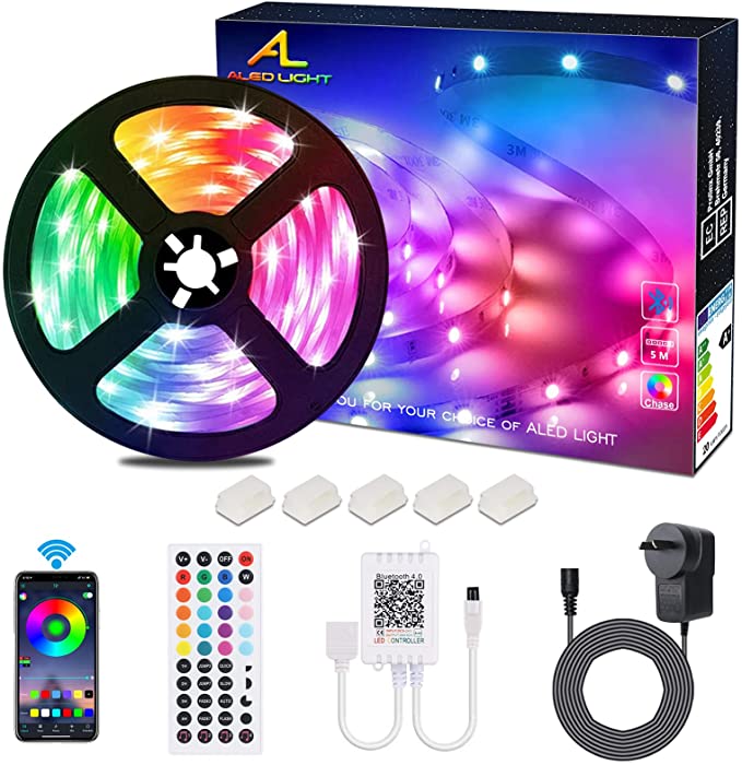 LED Strips Lights, ALED LIGHT Non-Waterproof 5050 RGB 5m Length 150 LED Multicolor Remote Control 44 Buttons and Power Supply