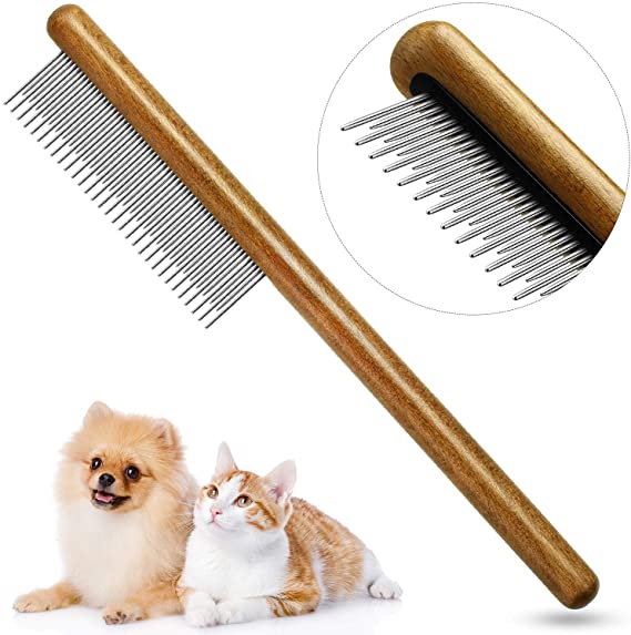 Pet Detangling Comb with Long and Short Stainless Steel Teeth, Dog and Cat Deshedding Detangler Comb Grooming Shedding Tool with Walnut Wooden Handle for Removing Matted Fur/ Loose Hair/ Knot/ Tangles