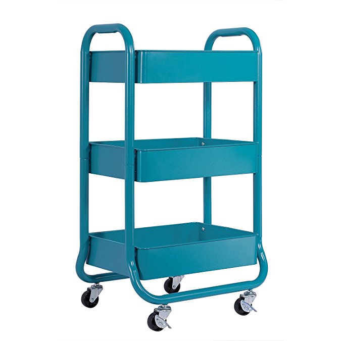 DESIGNA Metal Utility Rolling Mesh Storage Organization Mobile Cart - 3 Tiers, Turquoise