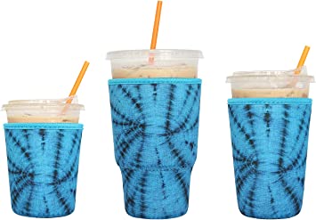 3 Pack Reusable Iced Coffee Sleeves - LOVAC Insulator Sleeve for Cold Beverages, Neoprene Cup Holder for Starbucks Coffee, Dunkin Coffee ，More (Tie dye 3)