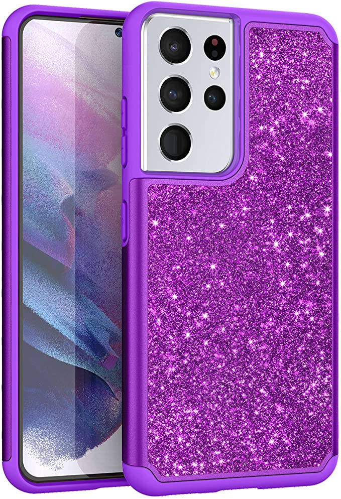 TILL for Galaxy S21 Ultra Case, Luxury [Sparkle Sequins] Crystal Bling Glitter Shiny Case Hybrid Layer TPU Soft Inner Hard PC Protective Cute Case Cover for Samsung Galaxy S21 Ultra [Purple]