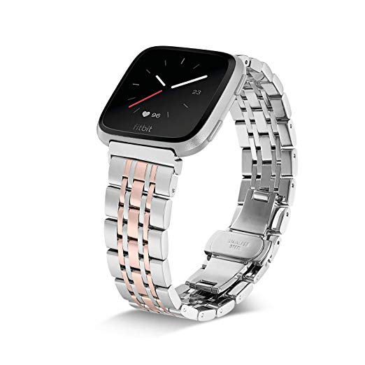 Shangpule Compatible for Fitbit Versa & Versa Lite Bands, Stainless Steel Metal Replacement Strap Bracelet Wrist Band Accessories for Versa Smart Watch Women Man Large Small