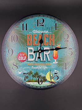 Beach bar themed 13 inches wall clock, shabby chic, with tropical colors