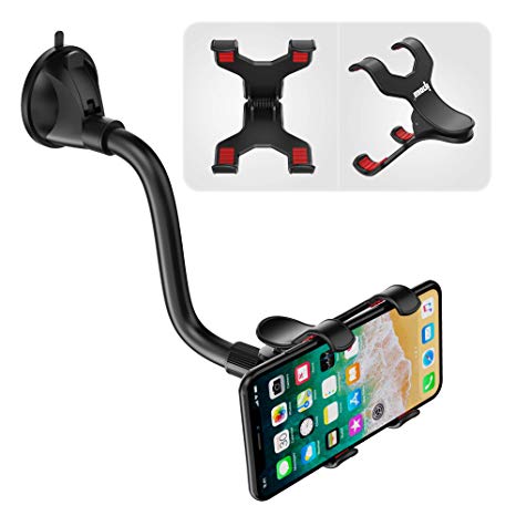 IPOW Upgraded No Glue Car Phone Mount Windshield with Strong Suction, Long Arm Cell Phone Holder for Car with X-Shaped Clamp Fits Thick/Irregular Phone Case