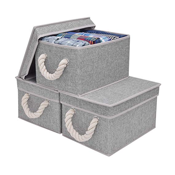 StorageWorks Storage Bins for Shelves with Lids and Cotton Rope Handles, Rectangle Storage Basket, Gray, 3-Pack