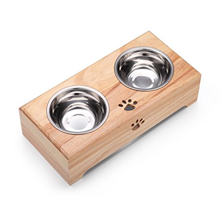Gelinzon Stainless Steels Pet Dog Cat Food Water Feeder With Double Bowls Fixed Wooden Table