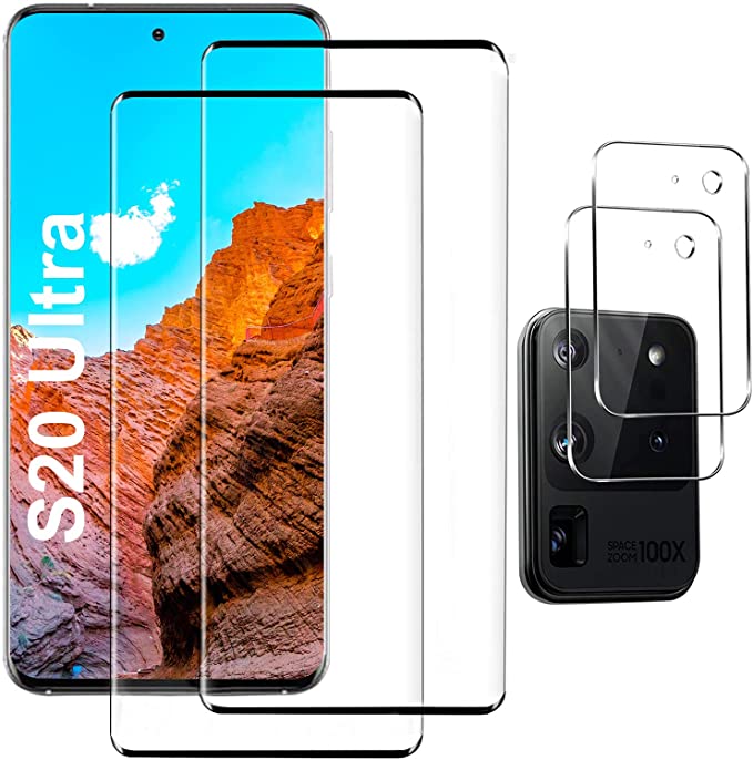 [2 2 Pack] Galaxy S20 Ultra Screen Protector, 9H Tempered Glass Include a Camera Lens Protector,Ultrasonic Fingerprint Compatible,3D Curved, HD Clear for Samsung S20 Ultra 5G Glass Screen Protector