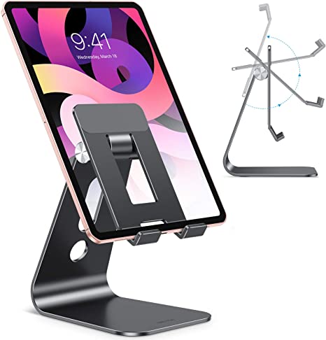 Adjustable Tablet Stand for Desk, Upgraded Longer Arms for Greater Stability, OMOTON T2 Tablet Holder with Hollow Design for Bigger Sized Phones and Tablets Such as iPad Pro/Air/Mini, Black