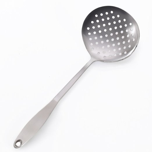 Skimmer Spoon/Strainer Ladle - Stainless Steel - with Sanding Handle - perforated style for Kitchen Food - by Cenka (13.2-inch)