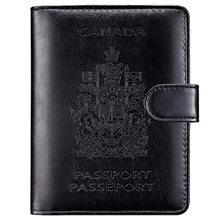 Passport Holder Cover - KINGMAS RFID Blocking CA Travel Passport Wallet Leather Case - Magnetic Buckle Design (Black)