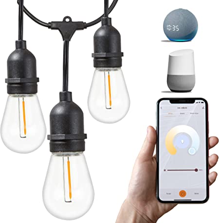 Newhouse Lighting 48ft. 15-Socket Smart LED String Remote Controlled Outdoor Lights,Smart Life App Works with Alexa Dimmable Outdoor Patio Accessories with Timer,S14 E26,30W,2700K,Black,SMSTRING15
