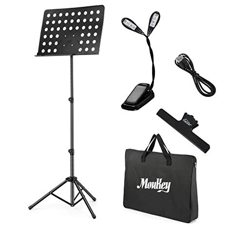 Moukey MMS-2 Metal Adjustable Sheet Music Stand Portable With Music Stand Light Carrying Bag Black