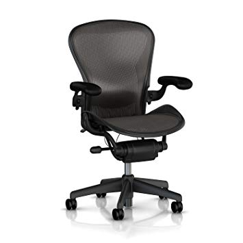 Herman Miller Classic Aeron Task Chair: Tilt Limiter w/Seat Angle Adj - Lumbar Pad - Fully Adj Vinyl Arms - Hard Floor Casters - Graphite Frame/Carbon Pellicle -Size B (Renewed)