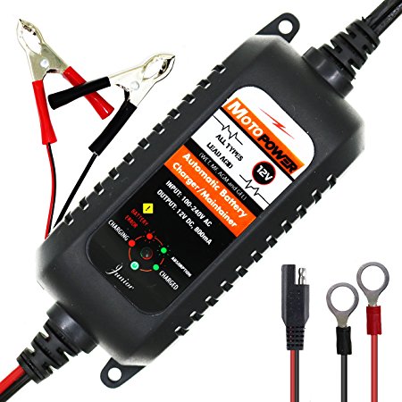 MOTOPOWER MP00205A 12V 800mA Fully Automatic Battery Charger / Maintainer for Cars, Motorcycles, ATVs, RVs, Powersports, Boat and More. Smart, Compact and Eco Friendly