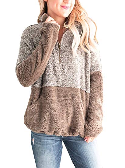 MEROKEETY Women's Long Sleeve Contrast Color Zipper Sherpa Pile Pullover Tops Fleece with Pocket