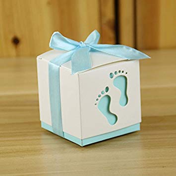 Fascola Pack of 50 Fashion Baby Foot Candy Box Baby Shower Paper Sweet Bag Footprints On The Beach Favour Boxes Baptism Candy Container (Light Blue)