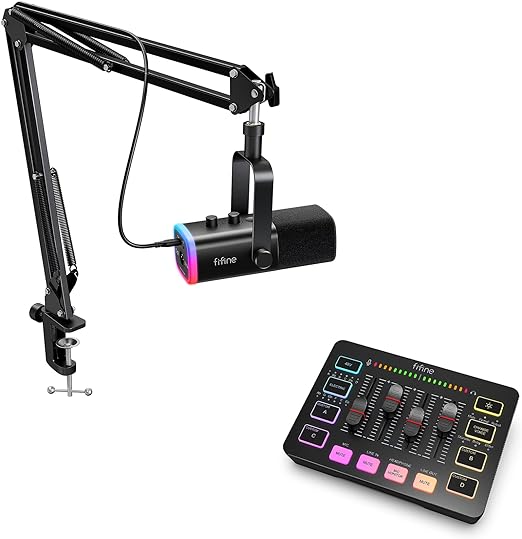 FIFINE XLR/USB Gaming Microphone Set and Gaming Audio Mixer,Dynamic PC Mic for Streaming Podcasting,RGB Recording Mixer with XLR Microphone Interface,Computer RGB Mic Kit with Boom Arm Stand(AM8T SC3)