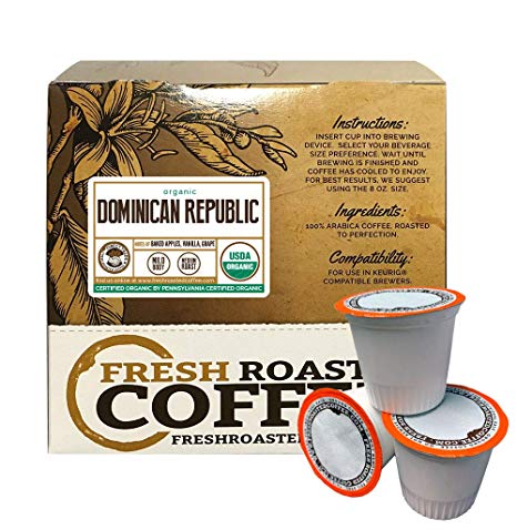 Fresh Roasted Coffee LLC, Organic Dominican Republic Coffee Pods, Medium Roast, Direct Trade, USDA Organic, Capsules Compatible with 1.0 & 2.0 Single-Serve Brewers, 18 Count