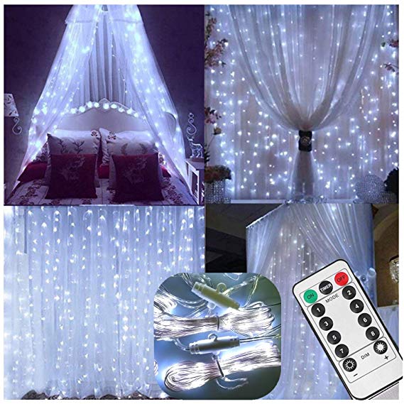 Curtain String Lights with Remote,Battery Operated,6.5ft x 6.5ft,200 LED Backdrop Icicle Fairy Lights for Wedding Shower Reception Daughter Kids Room Christmas Tree Decor - Timer,8 Mode,Dimmable,White
