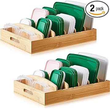 Leinuosen Set of 2 Bamboo Food Container Lid Organizer Bamboo Drawer Organizer Kitchen Pantry Lid Holder with 5 Adjustable Dividers for Plastic Lids Organization Kitchen Covers Storage