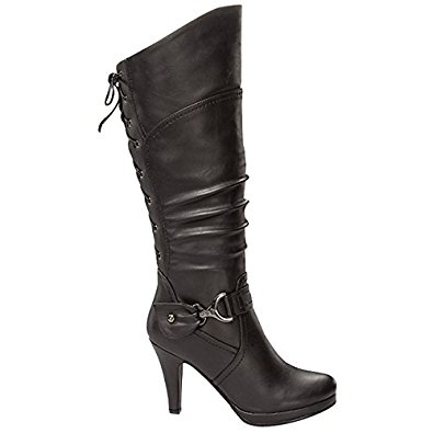 Top Moda PAGE-65 Women's Knee High Round Toe Lace-up Slouched High Heel Boots
