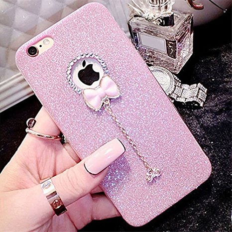 iPhone 6S Plus/6 Plus (5.5 inch) Silicon Back Case,LAPOPNUT Luxury Ultra Slim Bling Glitter Soft TPU 3D Crystal Diamond Bowknot Pendant Shockproof Protective Bumper Cover - Pink