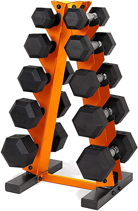 WF Athletic Supply 5-25Lb Rubber Coated Hex Dumbbell Set with A Frame Storage Rack Non-Slip Hex Shape for Muscle Toning, Strength Building & Weight Loss - Multiple Choices Available