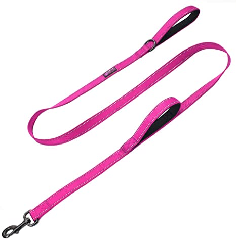 Max and Neo Double Handle Traffic Dog Leash Reflective - We Donate a Leash to a Dog Rescue for Every Leash Sold (PINK)