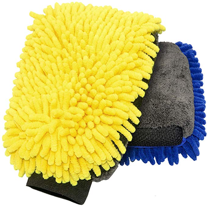 BUIEBOY Car Wash Mitt - 2 Pack Extra Large Size - Winter Waterproof -Premium Chenille Microfiber Washing Mitts-Coral Velvet - Wash Glove-Lint Free - Scratch Free(Blue 1   Yellow 1)